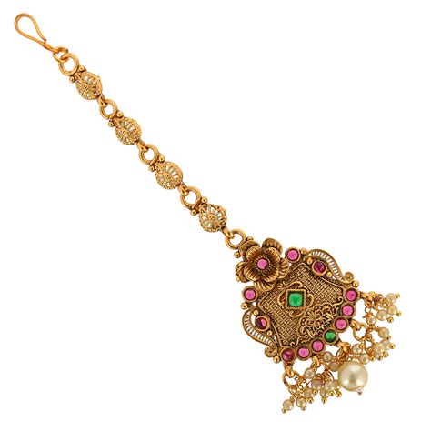 Faux Pearls and Kundan Adorned Opulent Yellow Gold Plated Brass Maang ...