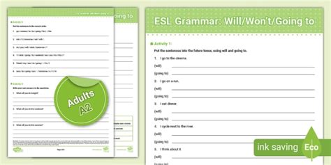 ESL Will and Won't Grammar Sheet [Adults, A2]