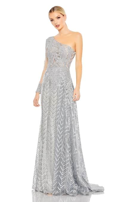 Buy Grey Net Sequins, Embroidery Asymmetric Hand Stitched Work Gown For ...
