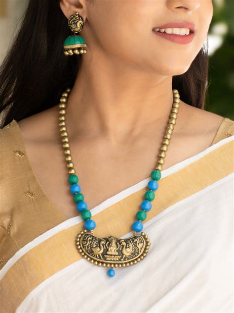 Antique Gold Green Blue Lakshmi Design Mala Handmade Terracotta Neckla ...