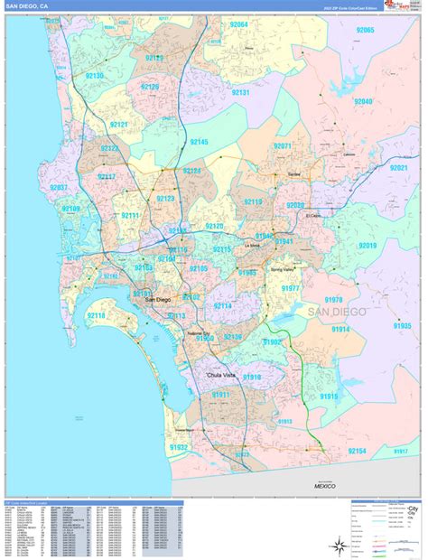 Colorcast Zip Code Style Wall Map of San Diego, CA by Market Maps ...