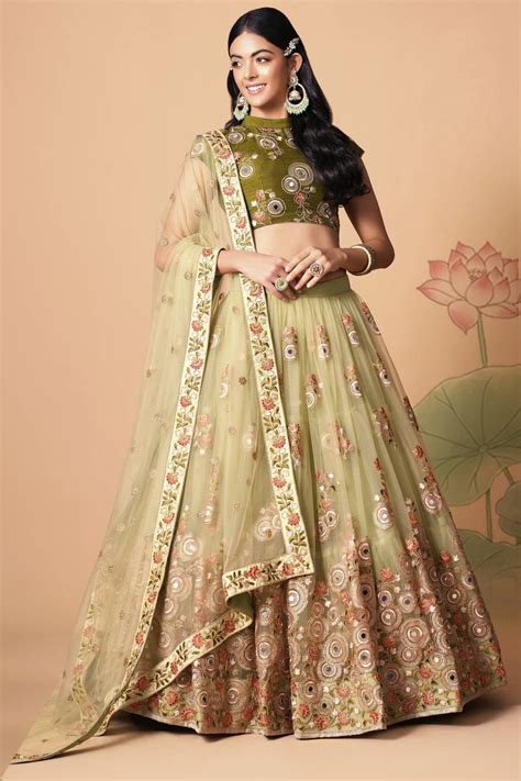 Buy Pista Green Mirror Work Net Party Wear Lehenga Choli At Designer ...