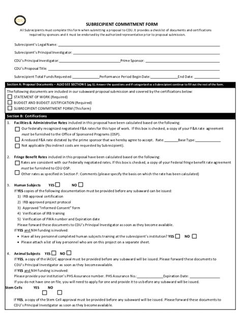 Fillable Online SUBRECIPIENT COMMITMENT FORM All Subrecipients must ...
