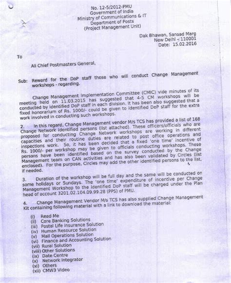 Reward for the DoP Staff those who will conduct Change Management Workshops