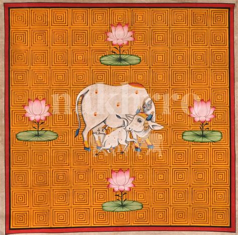 Kamdhenu Cow & Calf Pichwai – Orange Geometric Background | Museum-Gra ...