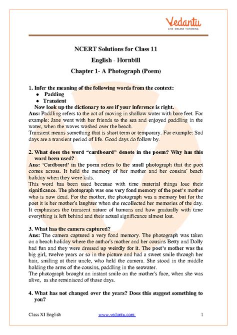 Ncert solutions class 11 english hornbill chapter 1 poem - Class XI ...
