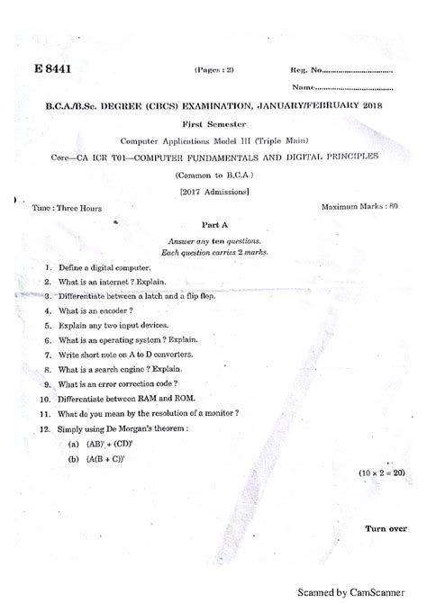 Computer fundamentals and digital priciples 2018 - E 8441 (Pages : 2 ...