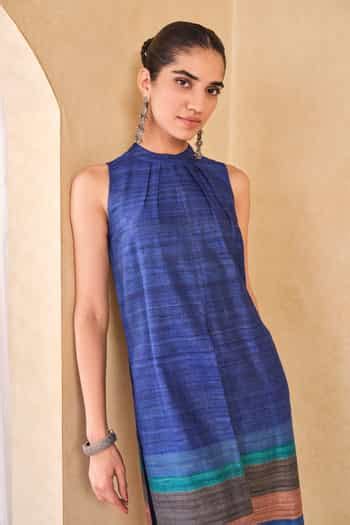 Buy Blue Silk, Cotton Halter Neck Textured Stripe Kurta Set For Women ...