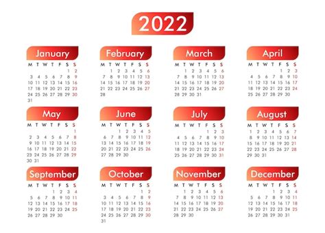 Kalendarz na rok 2022 z czerwonymi elementami gradientowymi tydzień ...