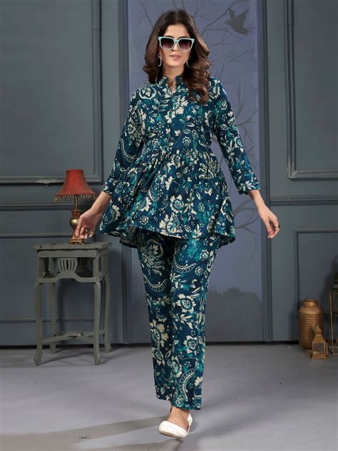 Blue Grey Printed Rayon Stylish Co-ord Sets for Office Daily Workwear ...