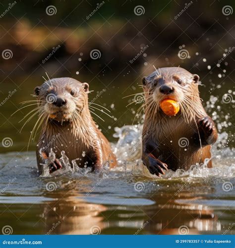 Two Otters Playing in the Water, with One Holding a Small Rock and the ...