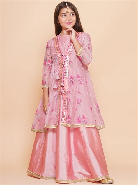 Bitiya by Bhama Girls Pink Floral Printed Shrug & Ready to Wear Leheng