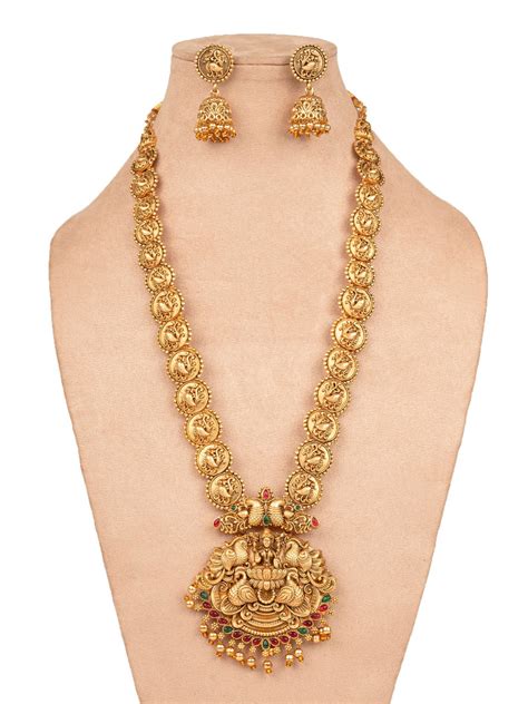 Traditional Indian Goddess Laxmi Long Temple Jewellery Set for Women
