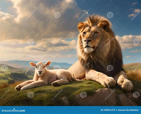 Lion and Lamb Lay Down Together in the Field Stock Illustration ...