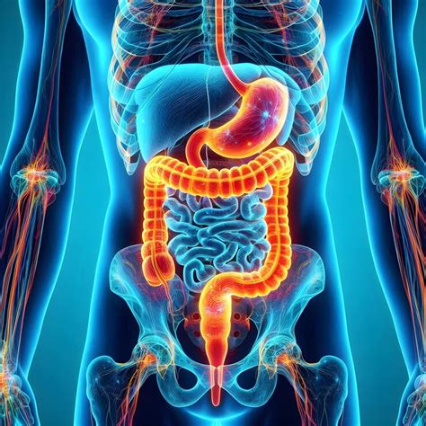 Detailed neon digestive system illustration skeletal overlay on a blue ...