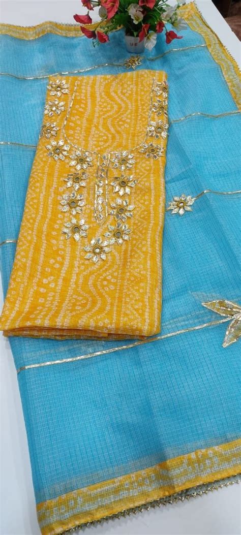 Kota Doria Bandhej Salwar Suit with Kacha Gota Work - Leheriya.com