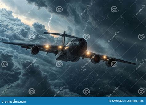 An Airplane Flies through Stormy Weather with Lightning Striking ...