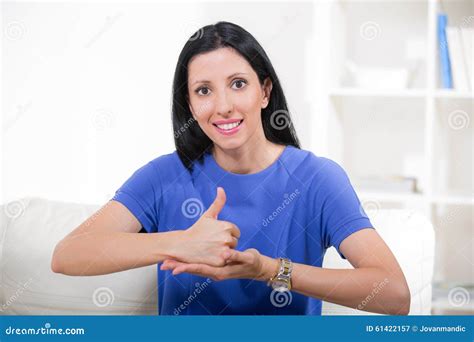 Smiling Deaf Woman Using Sign Language Stock Image - Image of letters ...