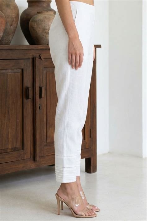Buy Elleven Women's White Solid Lace Pintucks Cotton Blend Tapered Fit ...