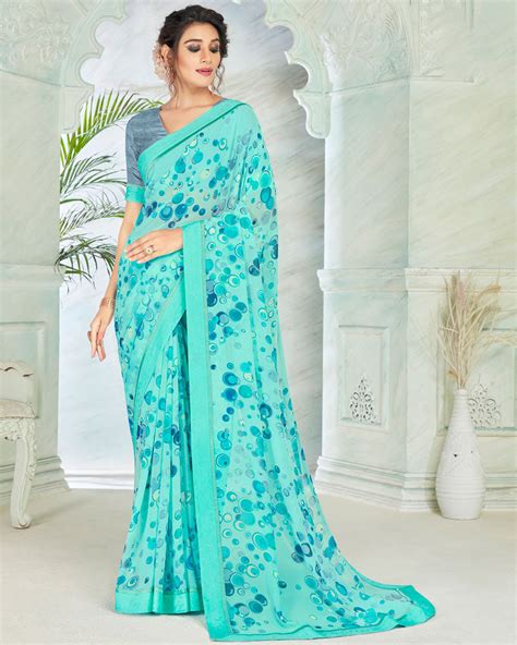 Vishal Prints Turquoise Blue Printed Georgette Saree With Border