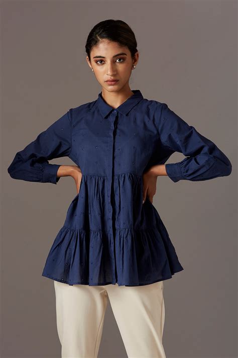 Buy Dark Blue Shiffli Tiered Top Online for Woman | WforWoman