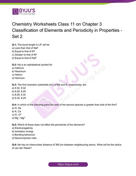 Class 11 Chemistry Worksheet on Chapter 3 Classification of Elements and Periodicity in ...