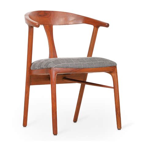 Ploot - Teak Dining Chair, Upholstered Seat, Grey Printed Fabric ...