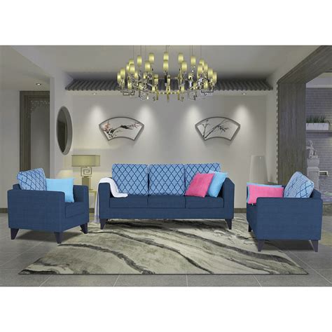Adorn India Straight line Plus Blossom 3+2+1 6 Seater Sofa Set (Blue)