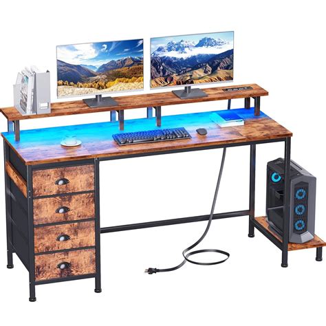 Furologee 55in Computer Desk with 4 Drawers, LED Gaming Desk with Power ...