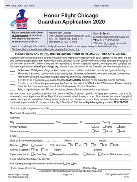 2020 Form IL Honor Flight Chicago Guardian Application - Blank Fillable ...