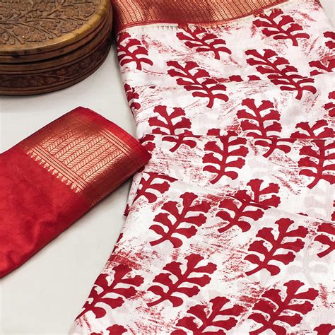 White & Red Floral Printed Dola Silk Saree