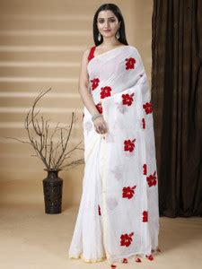 Buy Ruuprekha Embroidered Bollywood Cotton Blend White Sarees Online ...