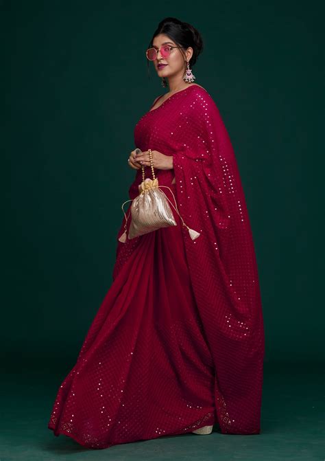 Buy Rani Pink Sequins Georgette Designer Saree - Koskii