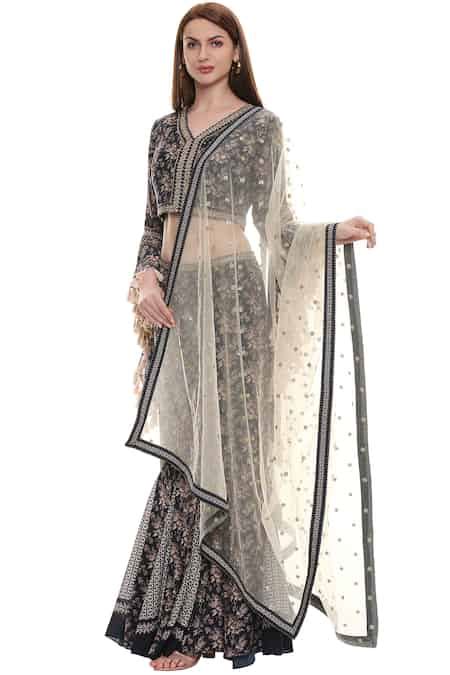 Buy Blue Maslin Slub, Sequins Net V Neck Floral Lehenga Set For Women ...