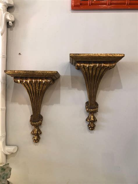 Vintage Pair of Wall Shelf Shelves Gold Gilt Sconces For Sale at ...