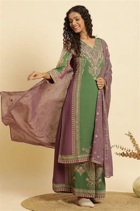 Buy Green Placement Printed Georgette Kurta, Pants And Dupatta Set ...
