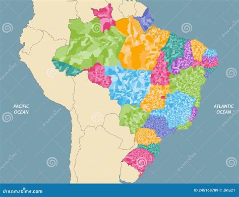 Brazil States and Municipalities Vector High Detailed Map with Neighbouring Countries and ...