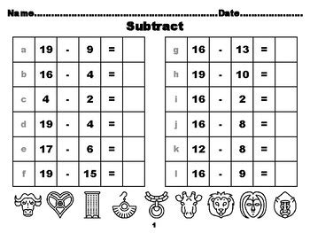 Africa, 100 First Grade Subtraction upto 20 Worksheets school resource ...