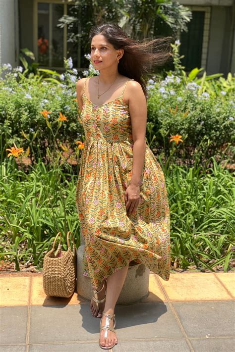 Lemon Green & Orange Floral Noodle Strap Summer Dress