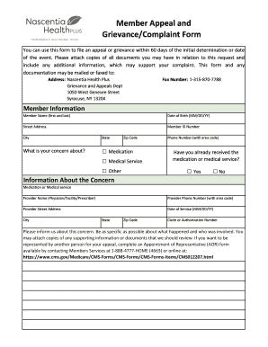 Fillable Online Member Appeal and Grievance/Complaint Form - Nascentia ...
