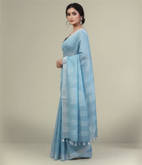 Light Blue Cotton Slub Saree with Silver Zari Border | Summer Ethnic ...