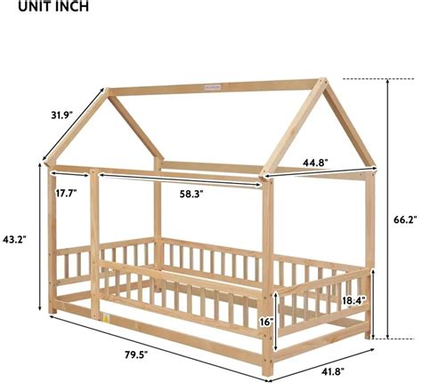 Floor Wooden Bed With House Roof Frame, Fence Guardrails by Bel ...