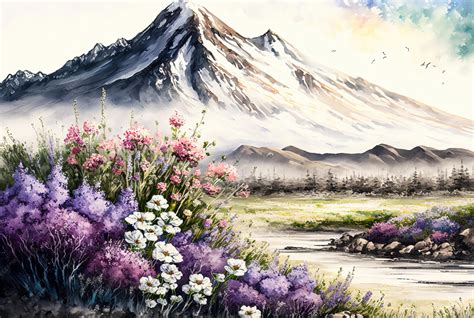 Premium Photo | Watercolor spring mountains landscape painting