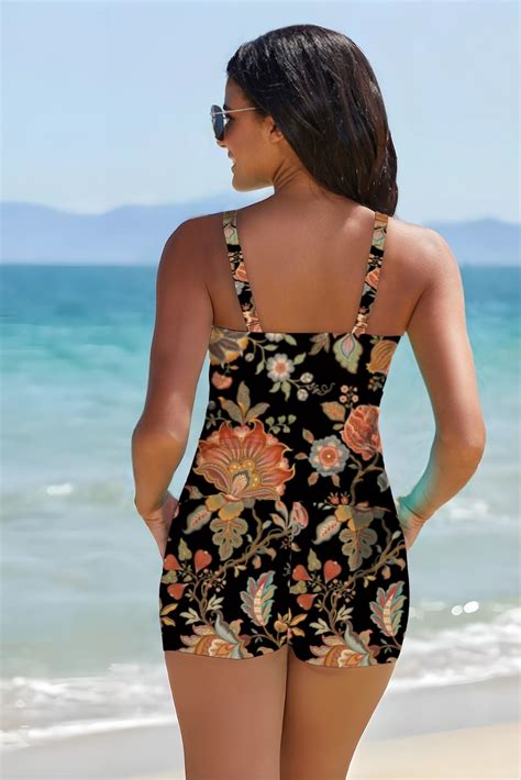 Floral Square Neckline High Waist Tankini Set With Pocket Short ...