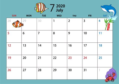 2020年7月 シンプルカレンダー A4横型 日曜始まり 四つ葉のクローバー