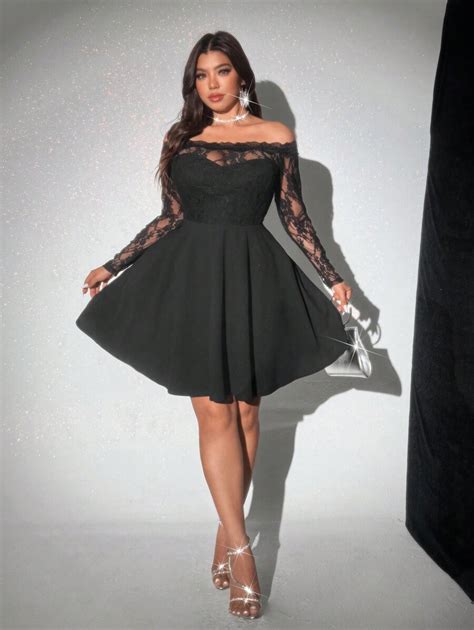 SHEIN BAE Plus Size Women Off Shoulder Long Sleeve Lace Fitted Mini ...