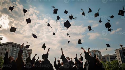 graduates student Graduation caps thrown in the Air Blue sky, 23329122 ...