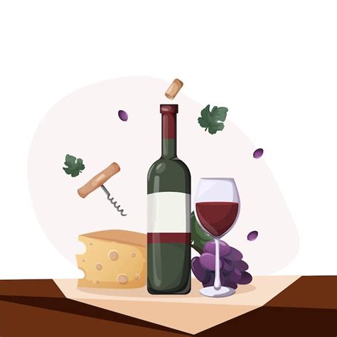 Wine day illustration concept bottle cork corkscrew glass cheese grapes ...