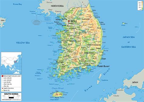Large size Physical Map of South Korea - Worldometer