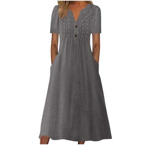Wiyuqeen Womens Solid Cotton Maxi Dresses Trendy Button V Neck Short ...
